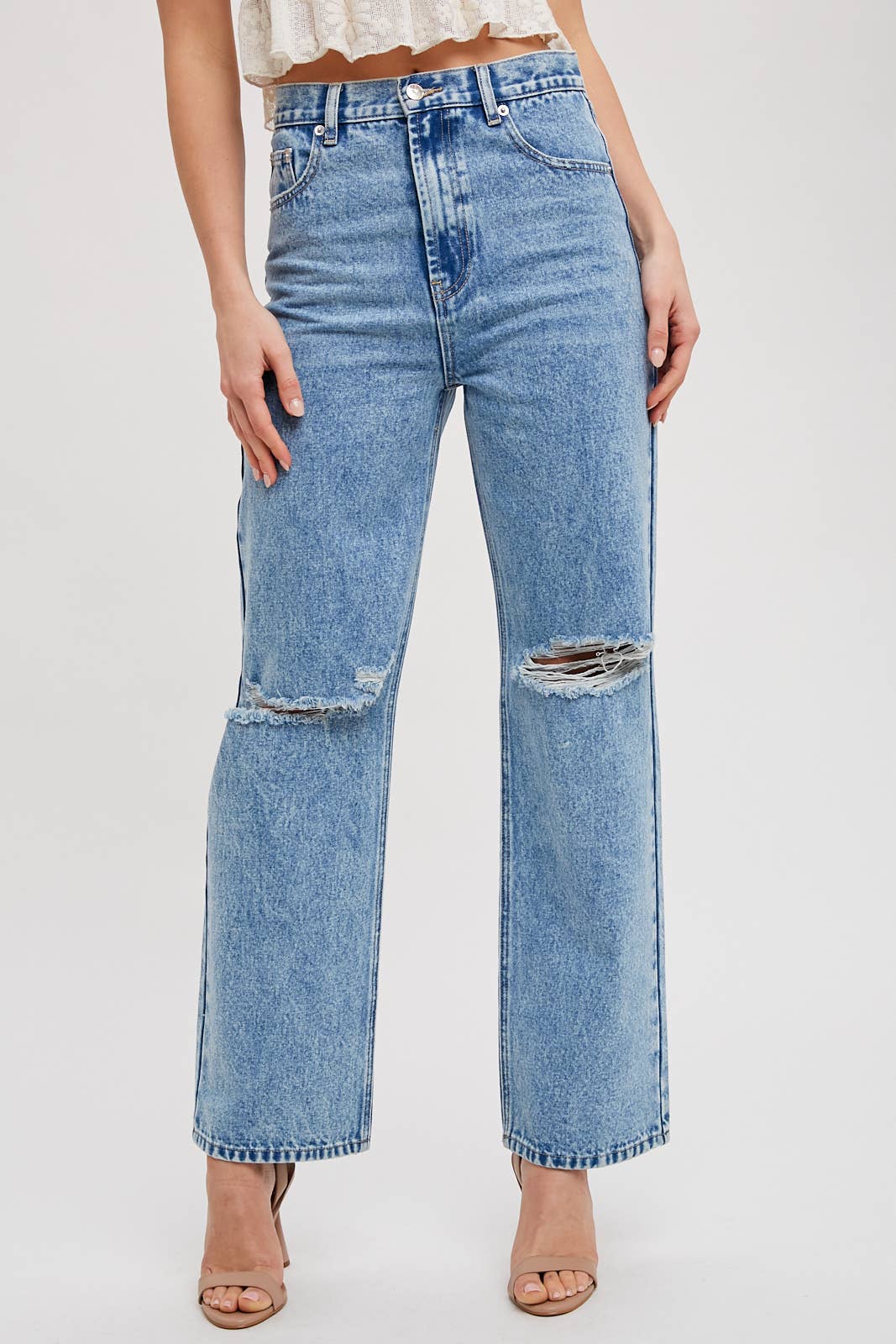 HIGH RISE DISTRESSED DENIM JEANS