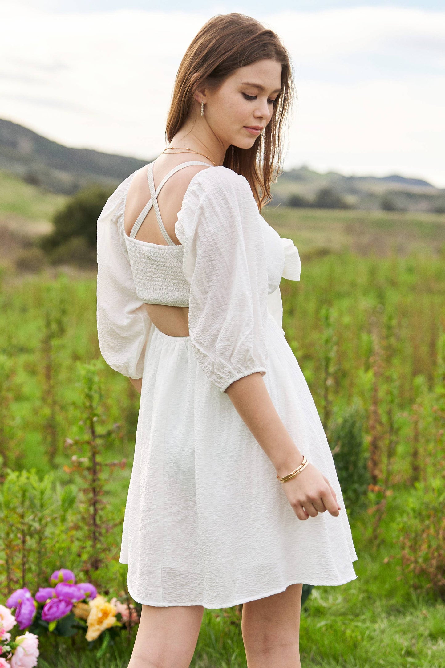 SELF-TIE PUFF SLEEVE SMOCKING OPEN BACK MINI DRESS