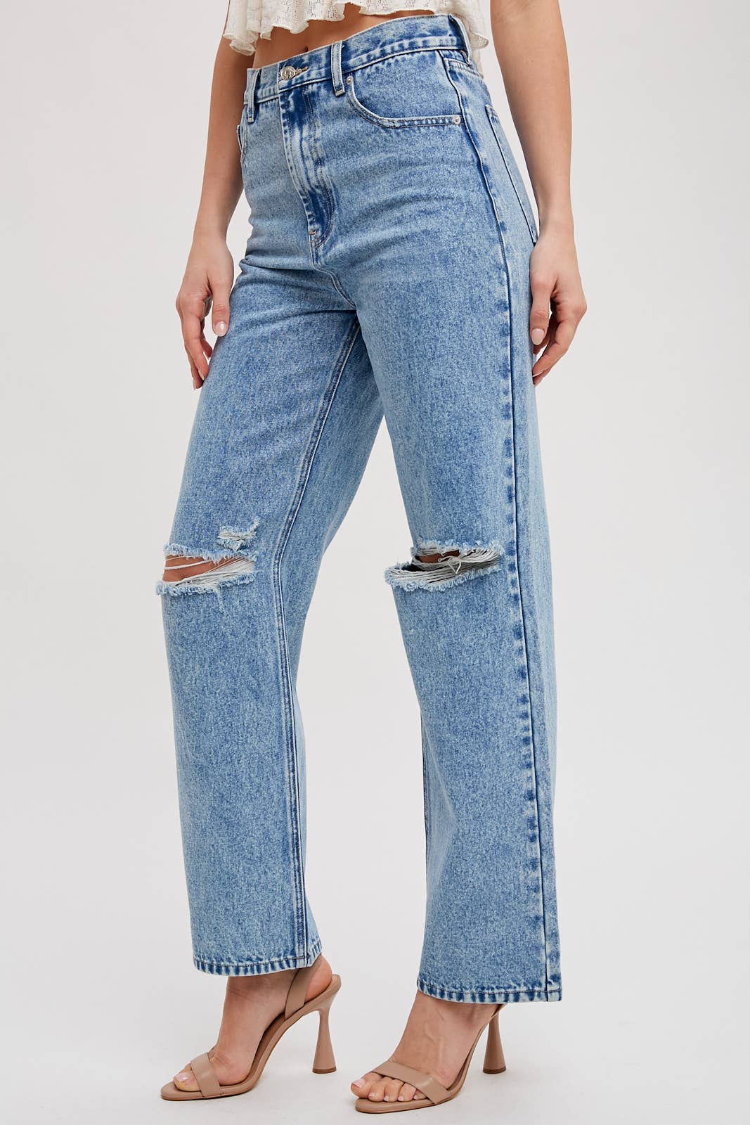 HIGH RISE DISTRESSED DENIM JEANS