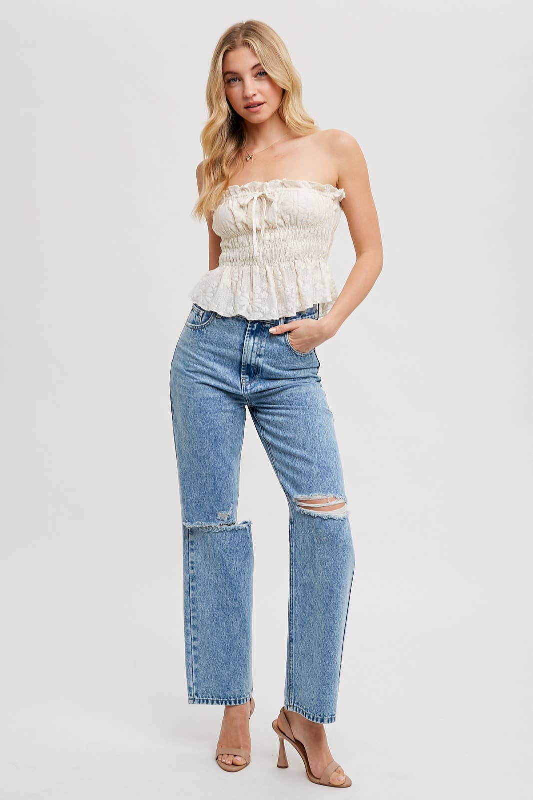 HIGH RISE DISTRESSED DENIM JEANS