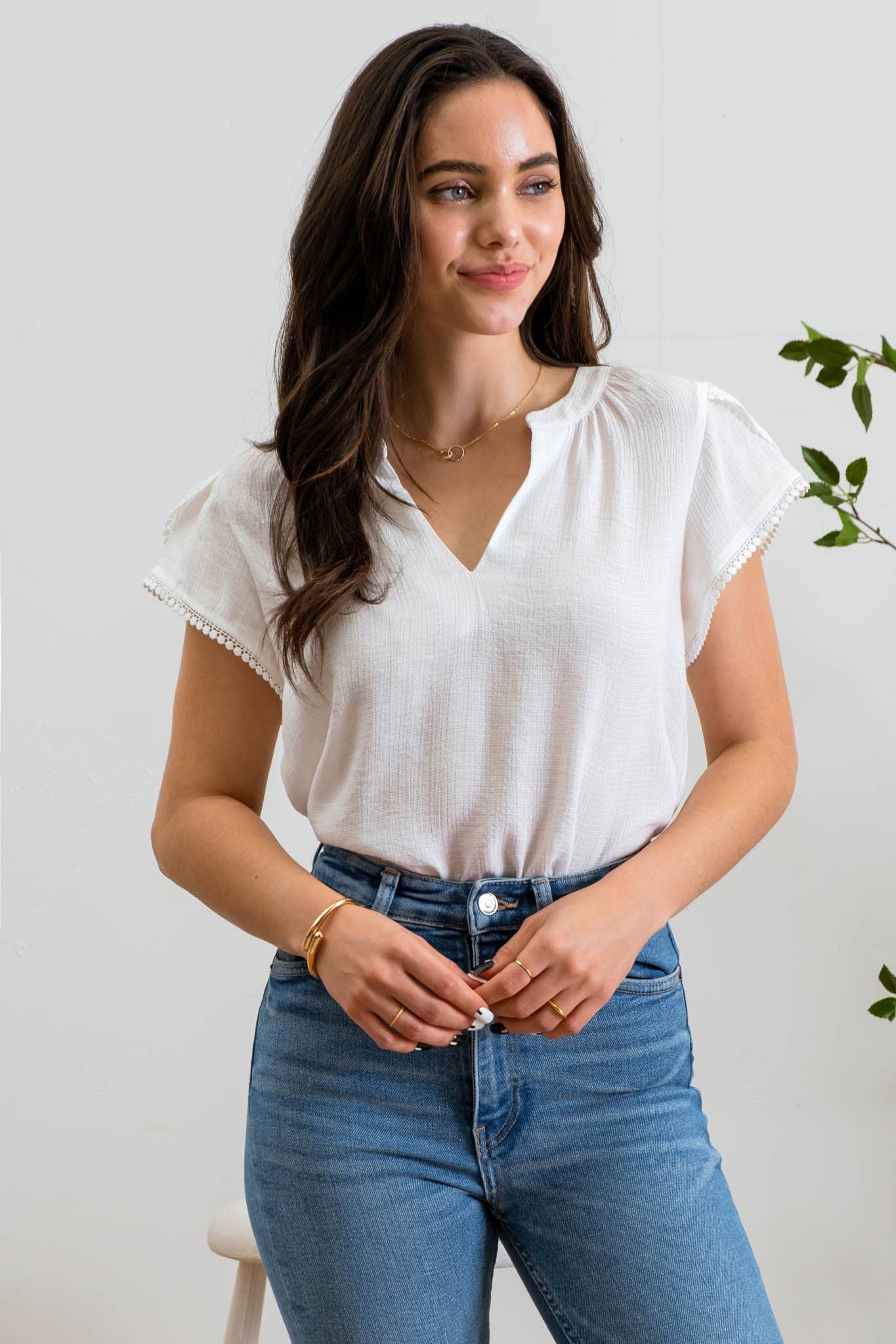 SPLIT NECK PETAL TASSEL SLEEVE BLOUSE