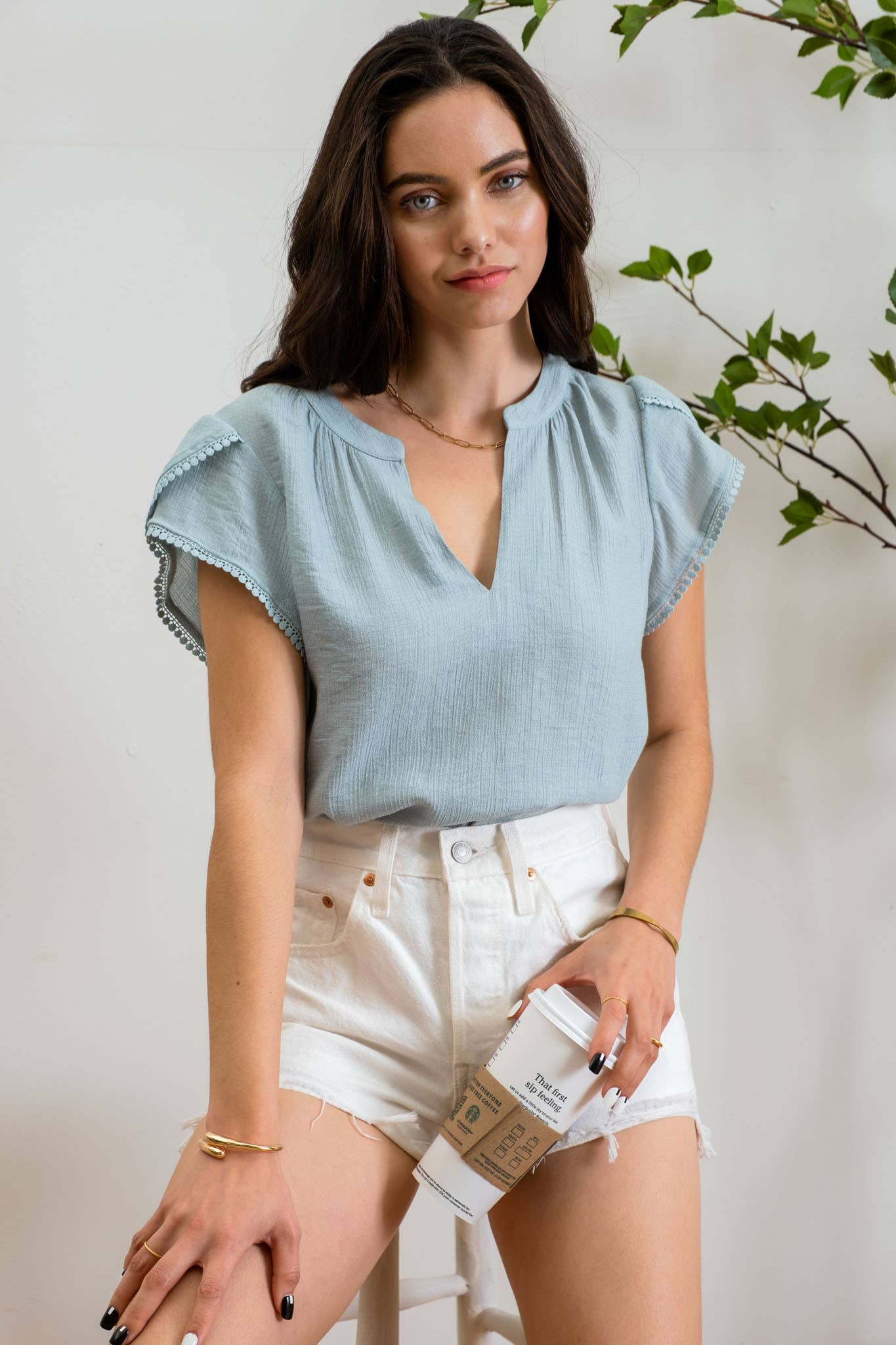 SPLIT NECK PETAL TASSEL SLEEVE BLOUSE