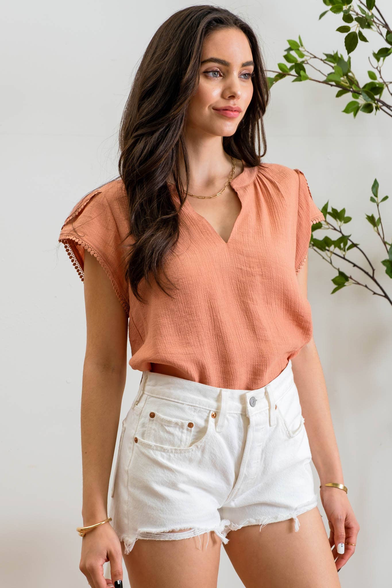 SPLIT NECK PETAL TASSEL SLEEVE BLOUSE