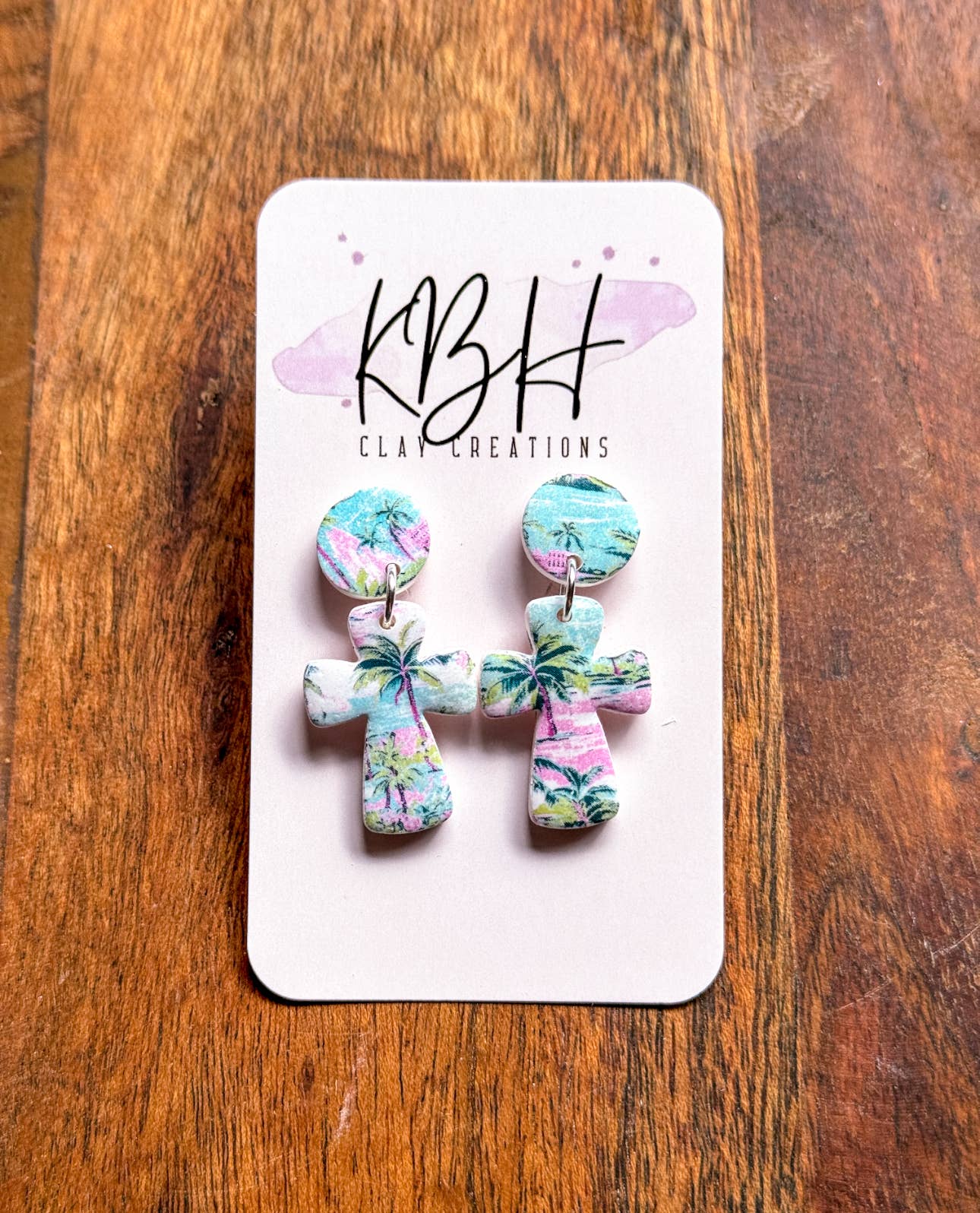 Preppy Palm Cross Dangle Handmade Clay Earrings