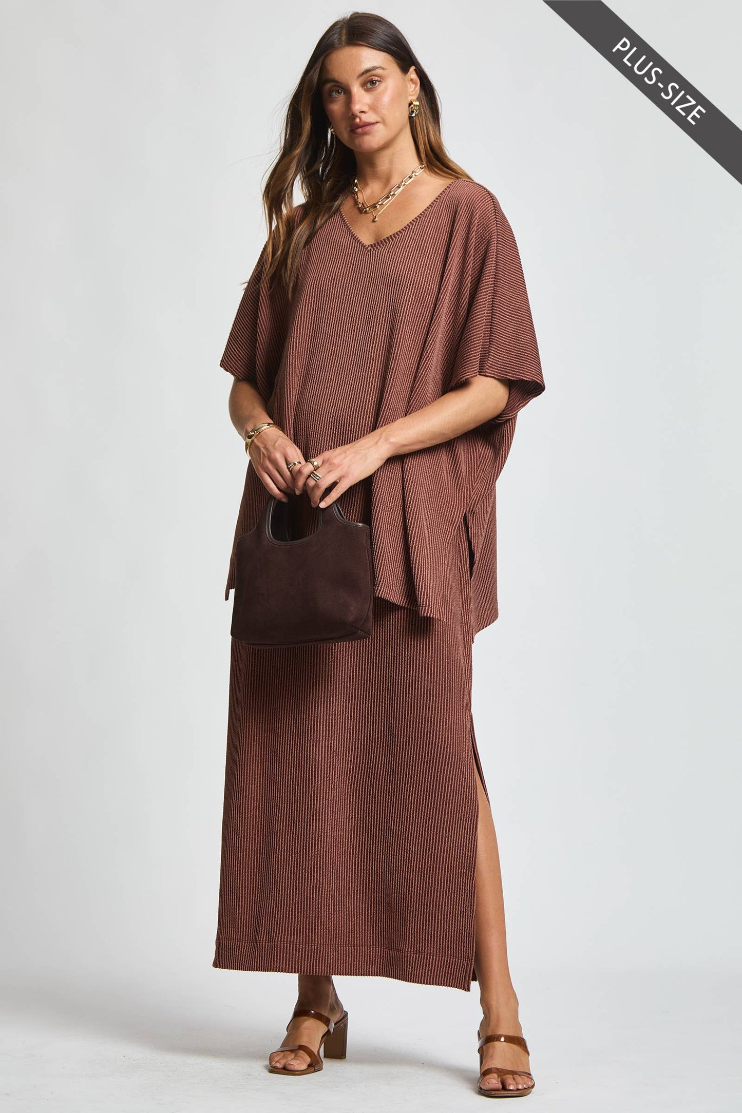 PLUS SIZE Flowy Poncho Style Top + Maxi Dress 2 Piece Set