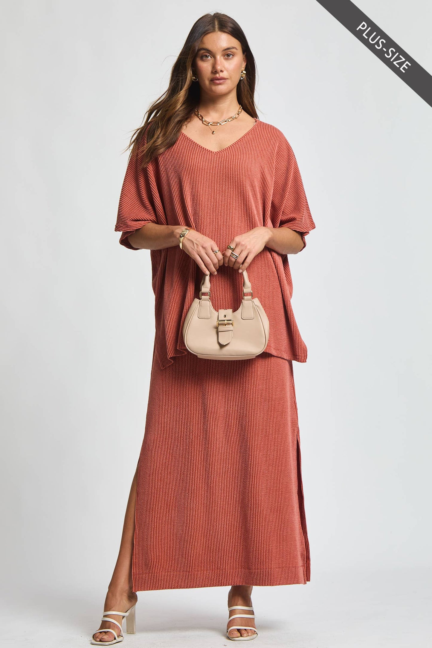 PLUS SIZE Flowy Poncho Style Top + Maxi Dress 2 Piece Set
