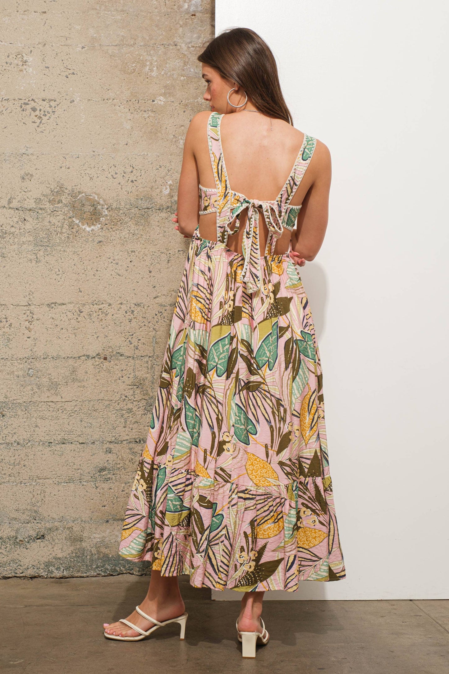 34963D - Embroidered Edge Tie Back Tropical Maxi Dress