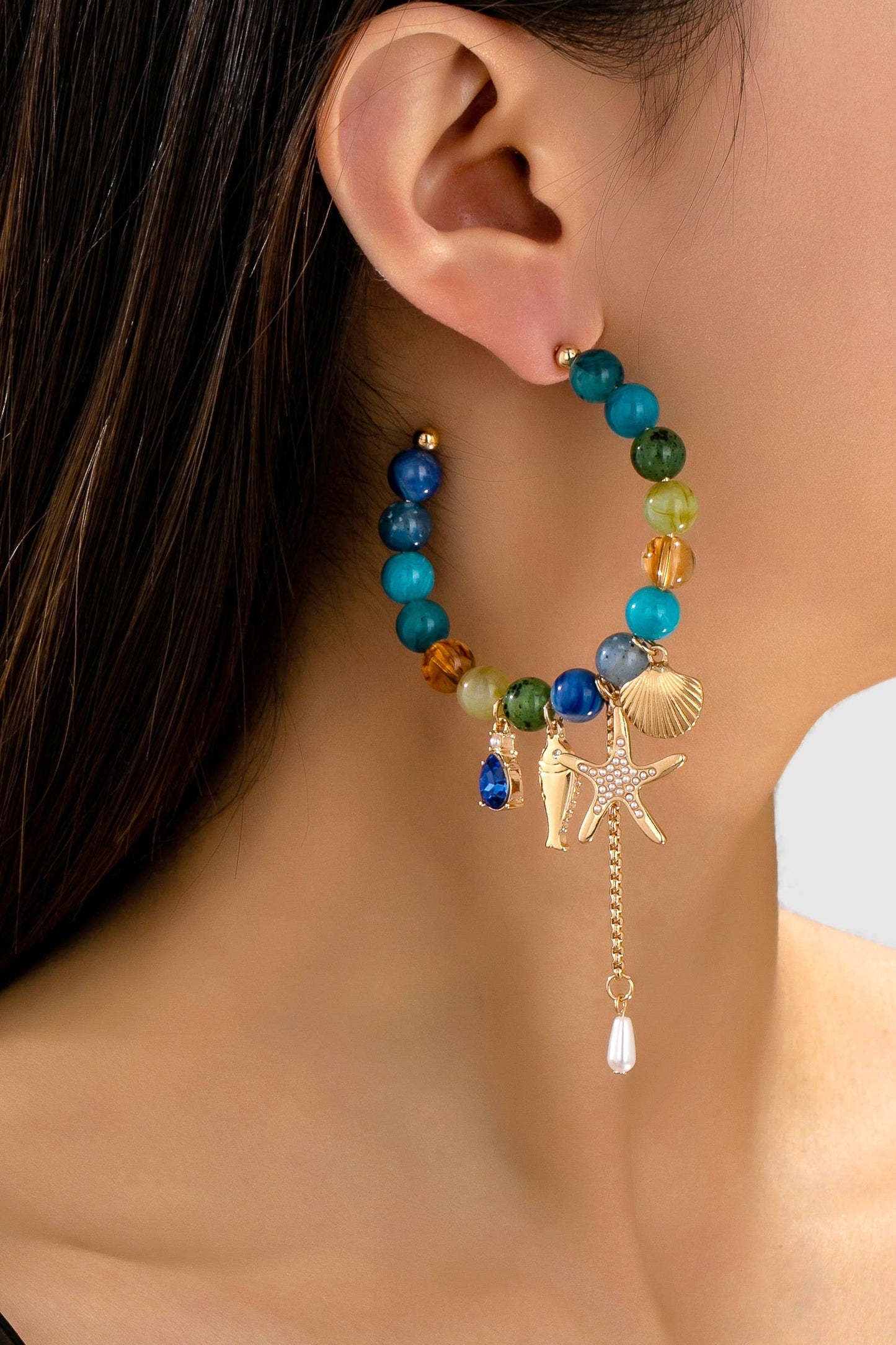 Ocean-Inspired Beaded Charm Hoop Earrings | 80E62144