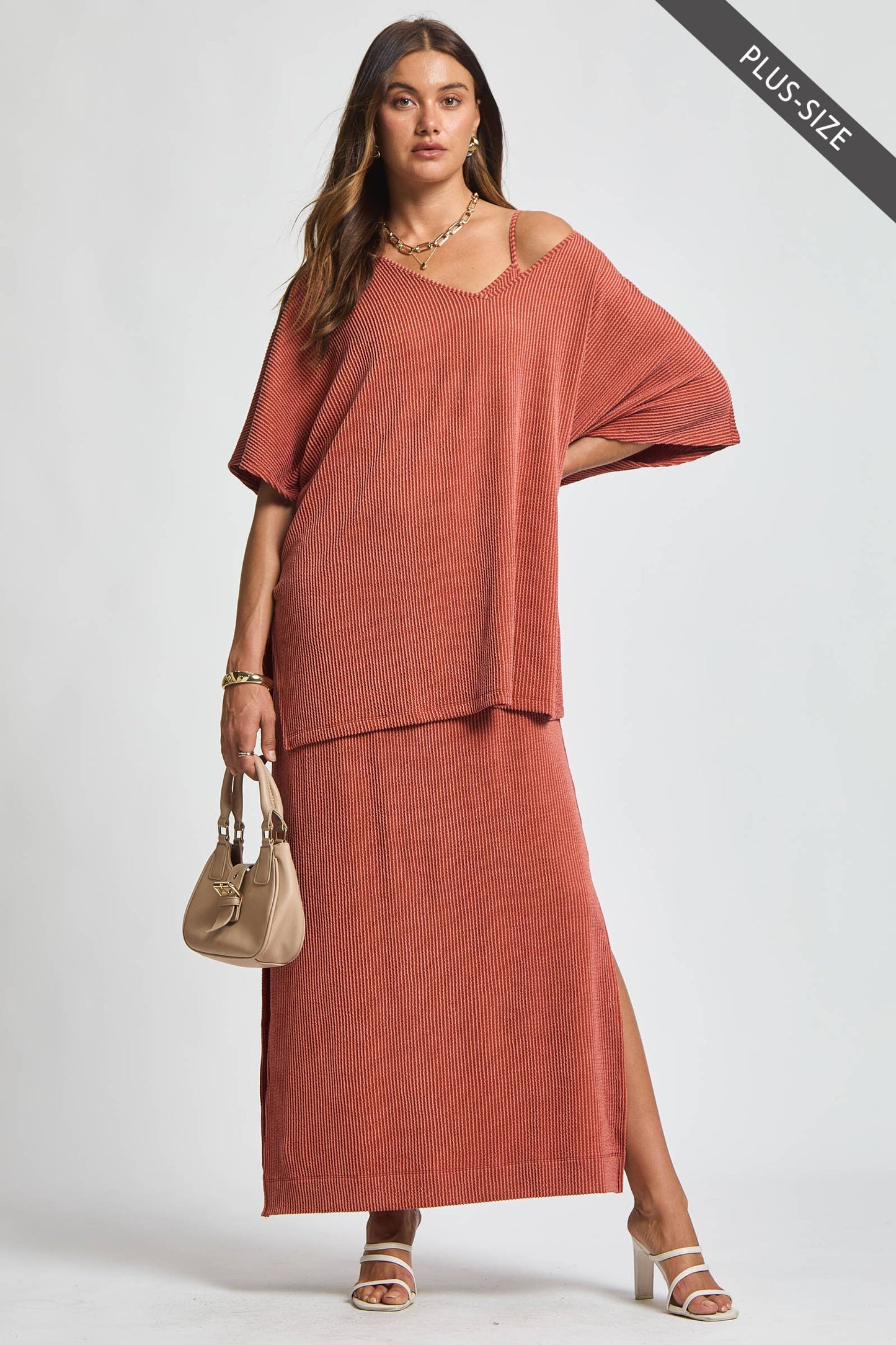 PLUS SIZE Flowy Poncho Style Top + Maxi Dress 2 Piece Set