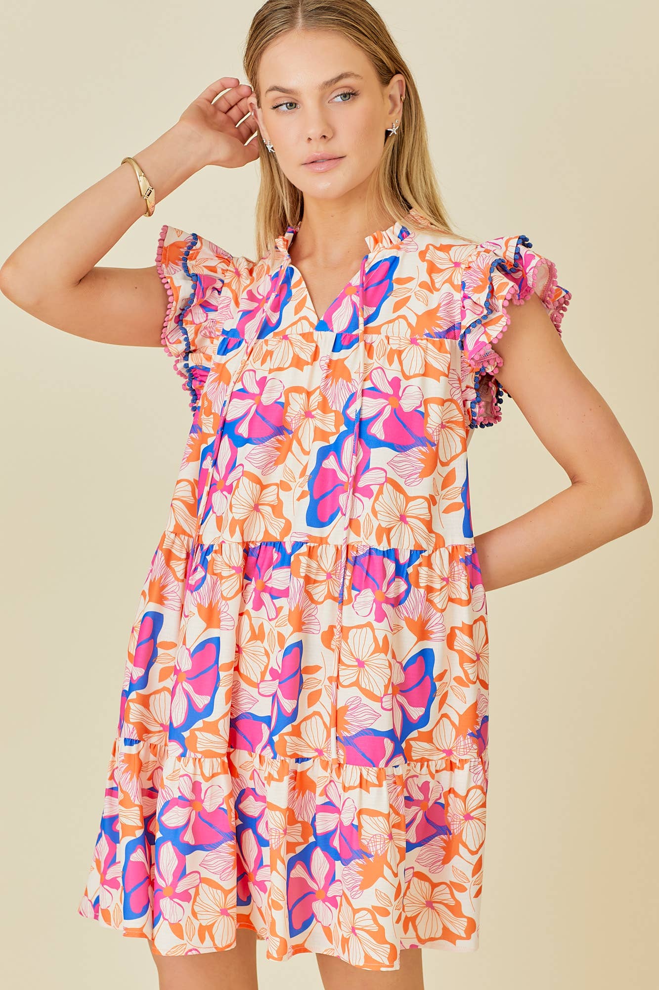 Mini Tier Dress With Double Ruffle Sleeve