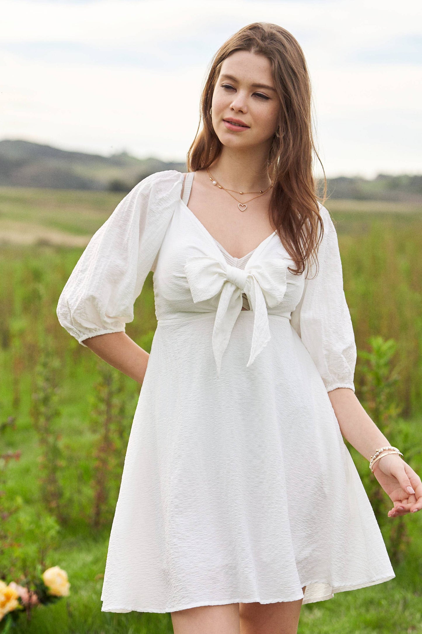 SELF-TIE PUFF SLEEVE SMOCKING OPEN BACK MINI DRESS