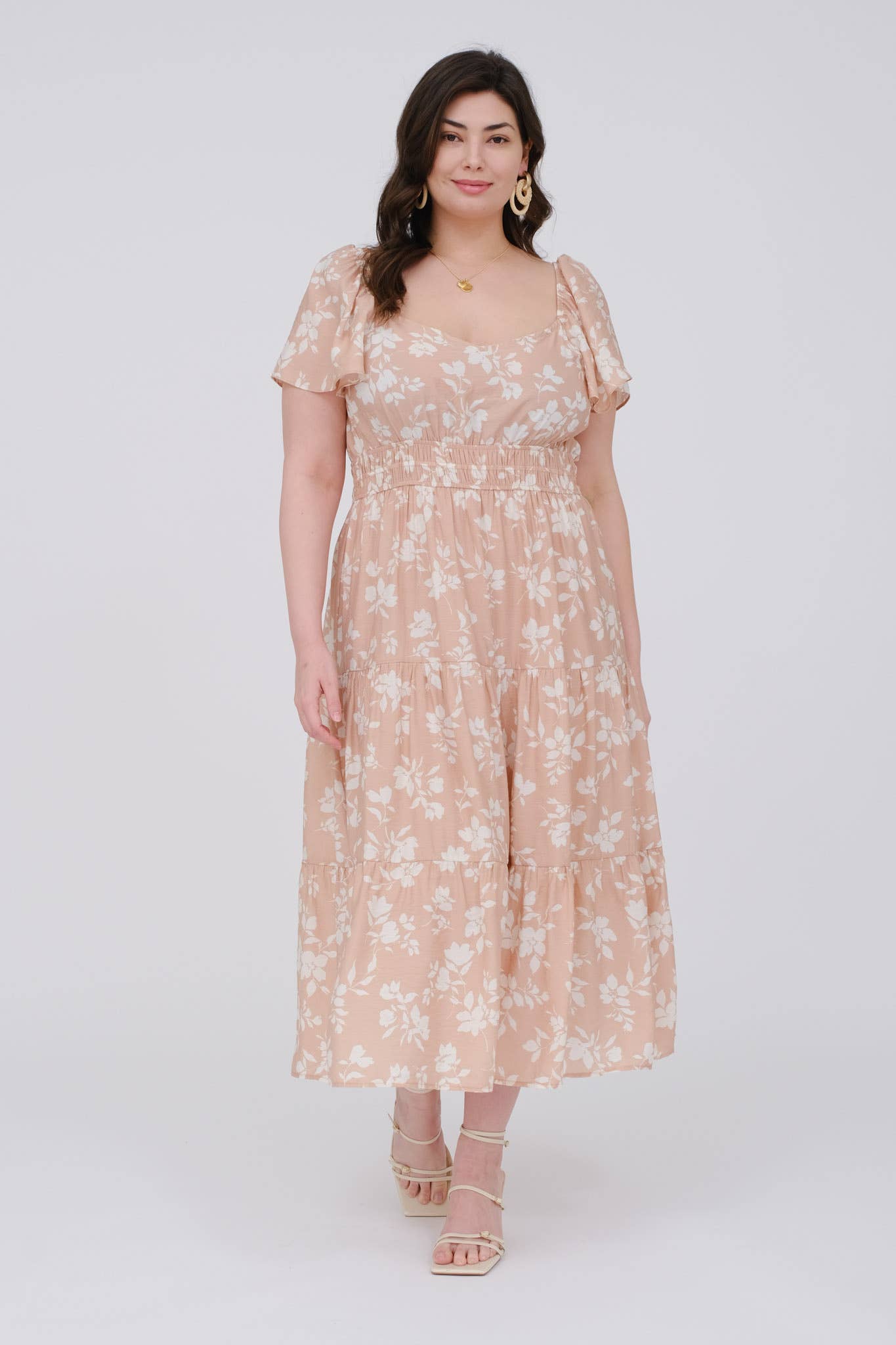 PLUS FLORAL SCOOP NECK FLOUNCE SLEEVE MIDI DRESS