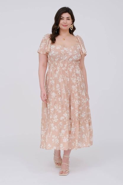 PLUS FLORAL SCOOP NECK FLOUNCE SLEEVE MIDI DRESS