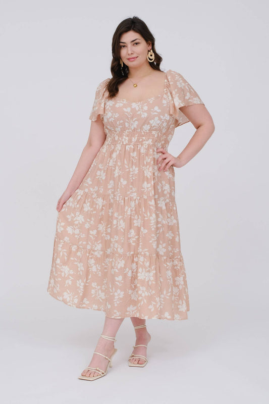 PLUS FLORAL SCOOP NECK FLOUNCE SLEEVE MIDI DRESS