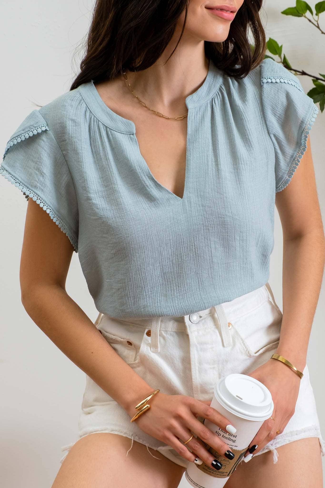 SPLIT NECK PETAL TASSEL SLEEVE BLOUSE