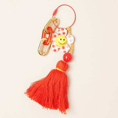 Happy Face Gingham Flower Tassel Keyring Bag Charm