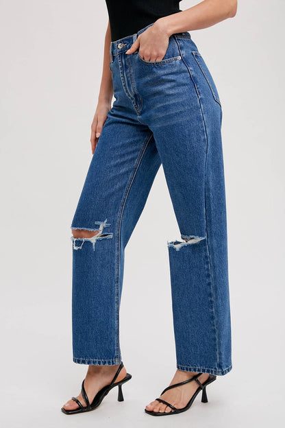 HIGH RISE DISTRESSED DENIM JEANS