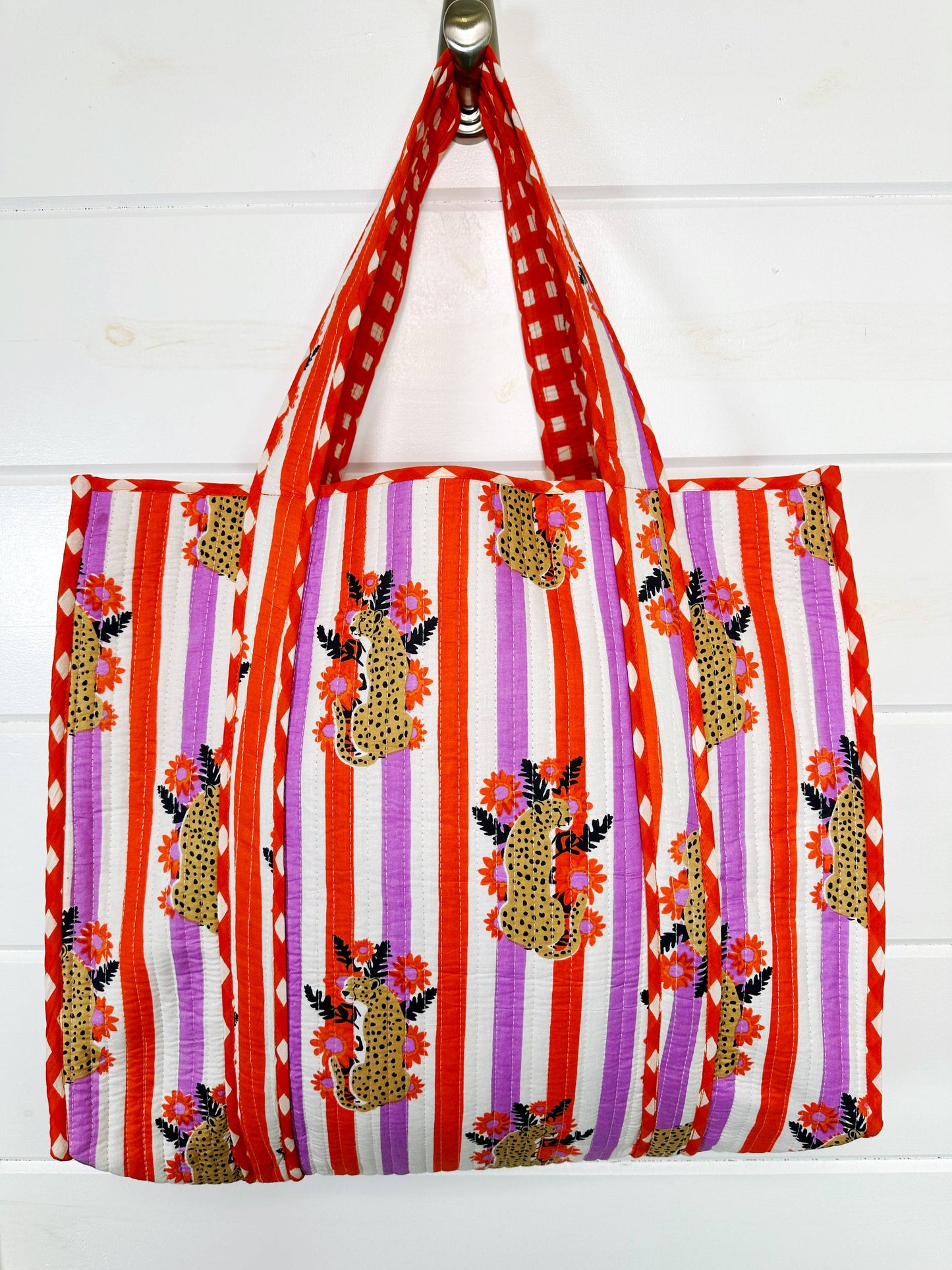 Striped Jaguar Large Quilted Tote Bag – Handmade, Reversible