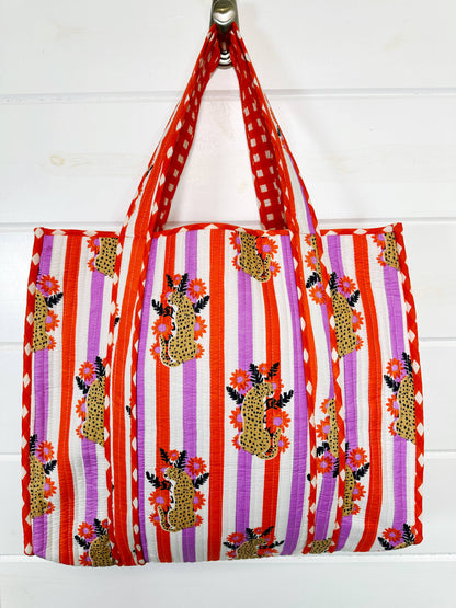 Striped Jaguar Large Quilted Tote Bag – Handmade, Reversible