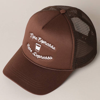 More Espresso Less Depresso Embroidery Trucker Hat
