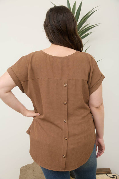 PLUS SPLIT NECK BACK BUTTON SHORT FOLD SLEEVE TOP