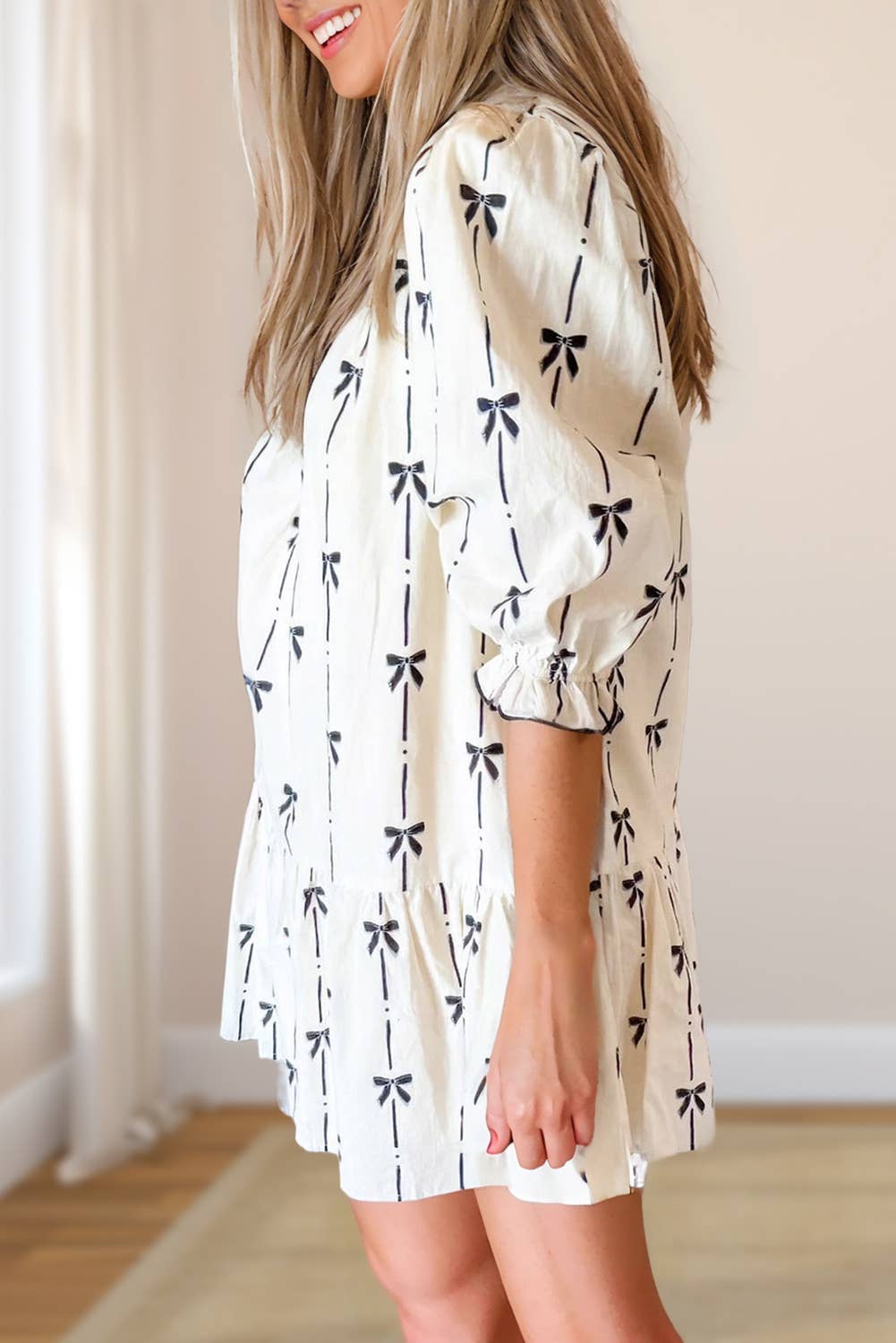 Cute Bowknot Print Puff Sleeve Mini Dress | S-XL