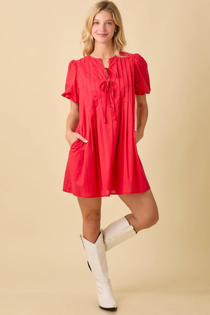 Pin Tuck Detail Bubble Sleeve Summer Mini Dress