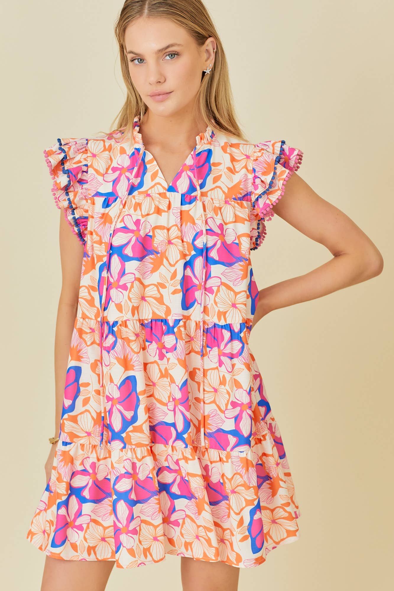 Mini Tier Dress With Double Ruffle Sleeve