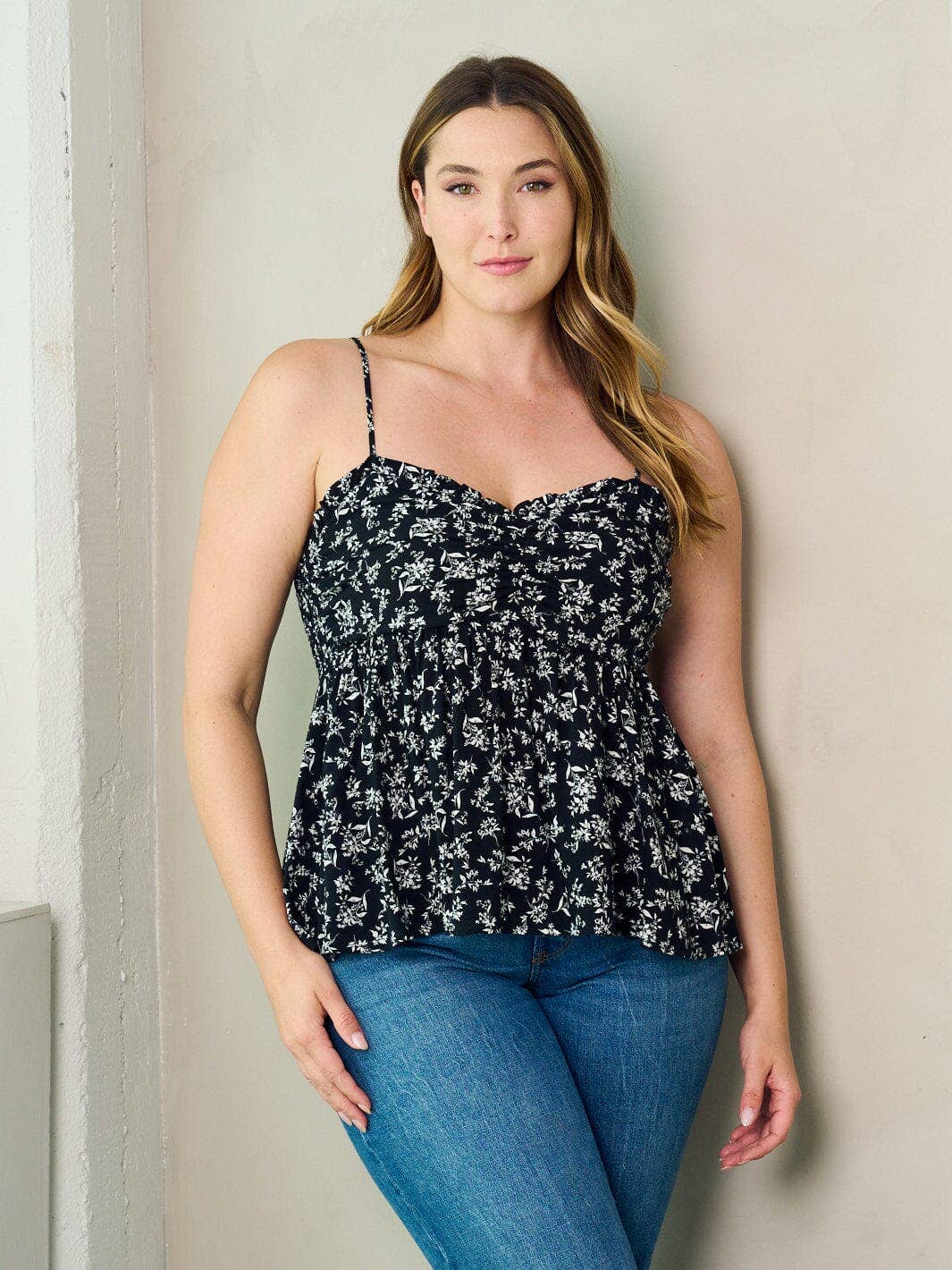 ZB11755F1 - PLUS SIZE SMOCK PLEPLUM FLORAL TANK TOP*