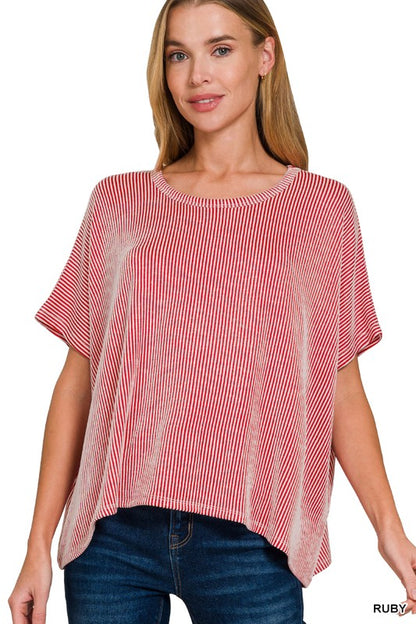 Ribbed Striped Oversized Short Sleeve Top