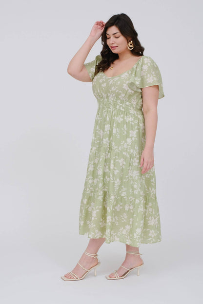 PLUS FLORAL SCOOP NECK FLOUNCE SLEEVE MIDI DRESS