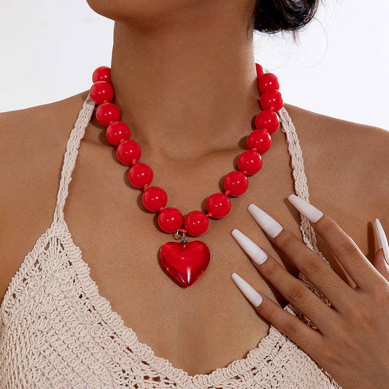 Personalized Chunky Bead Heart Pendant Necklace for Women