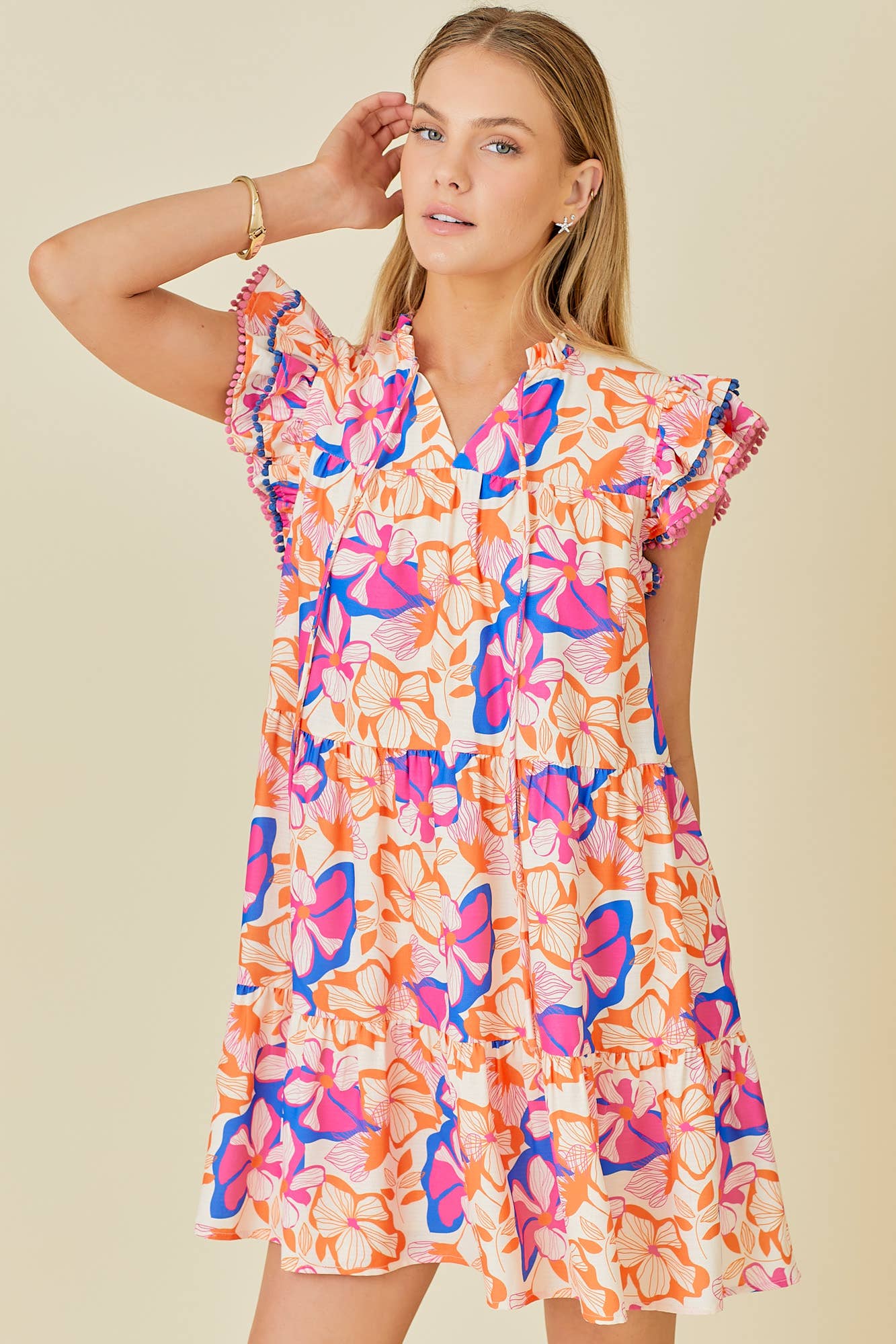 Mini Tier Dress With Double Ruffle Sleeve