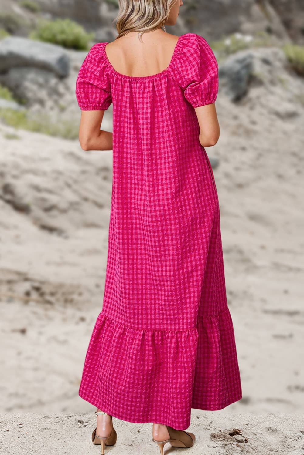 Ginham Check Bubble Sleeve Ruffled Maxi Dress | S-2XL