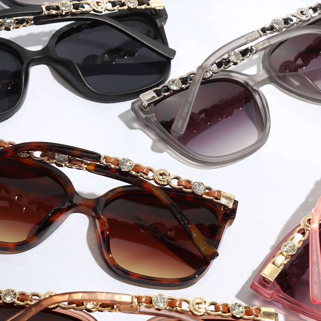 Thin Large Frame Linked Rhinestone Leg Sunglasses