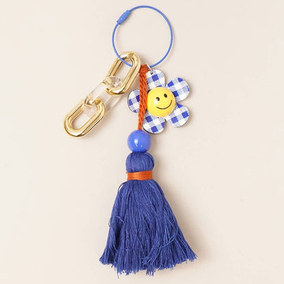 Happy Face Gingham Flower Tassel Keyring Bag Charm