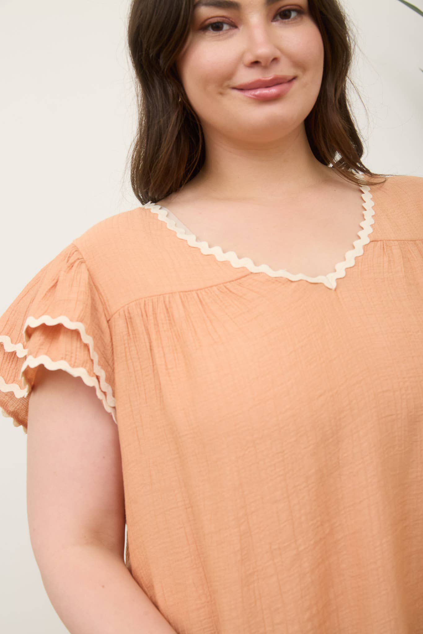 PLUS V NECK WAVY TRIM RUFFLE SLEEVE TOP