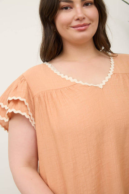 PLUS V NECK WAVY TRIM RUFFLE SLEEVE TOP