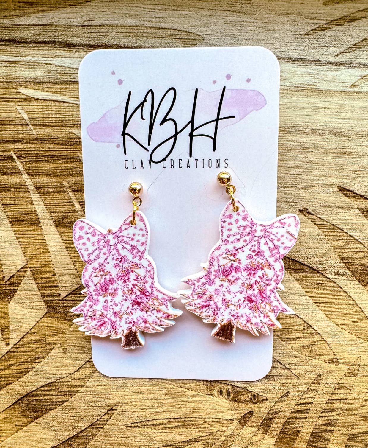 Pink Floral Christmas Tree Dangle Handmade Clay Earrings