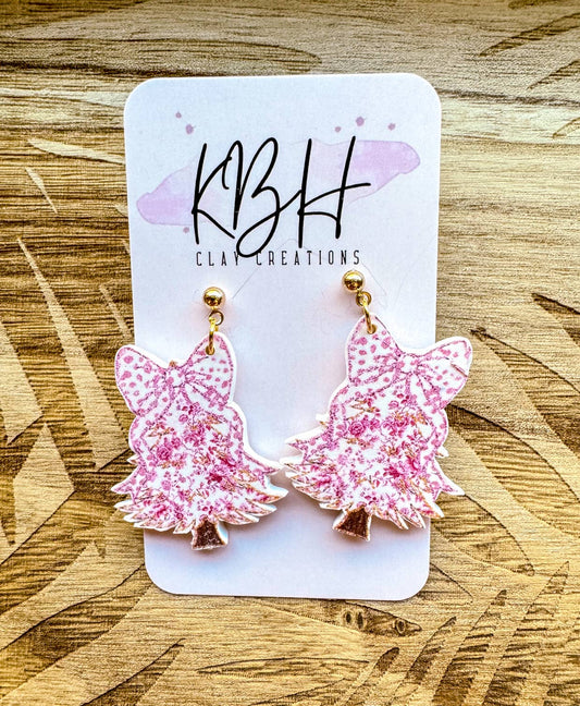 Pink Floral Christmas Tree Dangle Handmade Clay Earrings