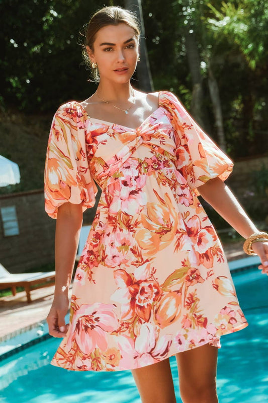 Floral Printed Sweetheart Neck Mini Dress
