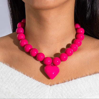 Personalized Chunky Bead Heart Pendant Necklace for Women