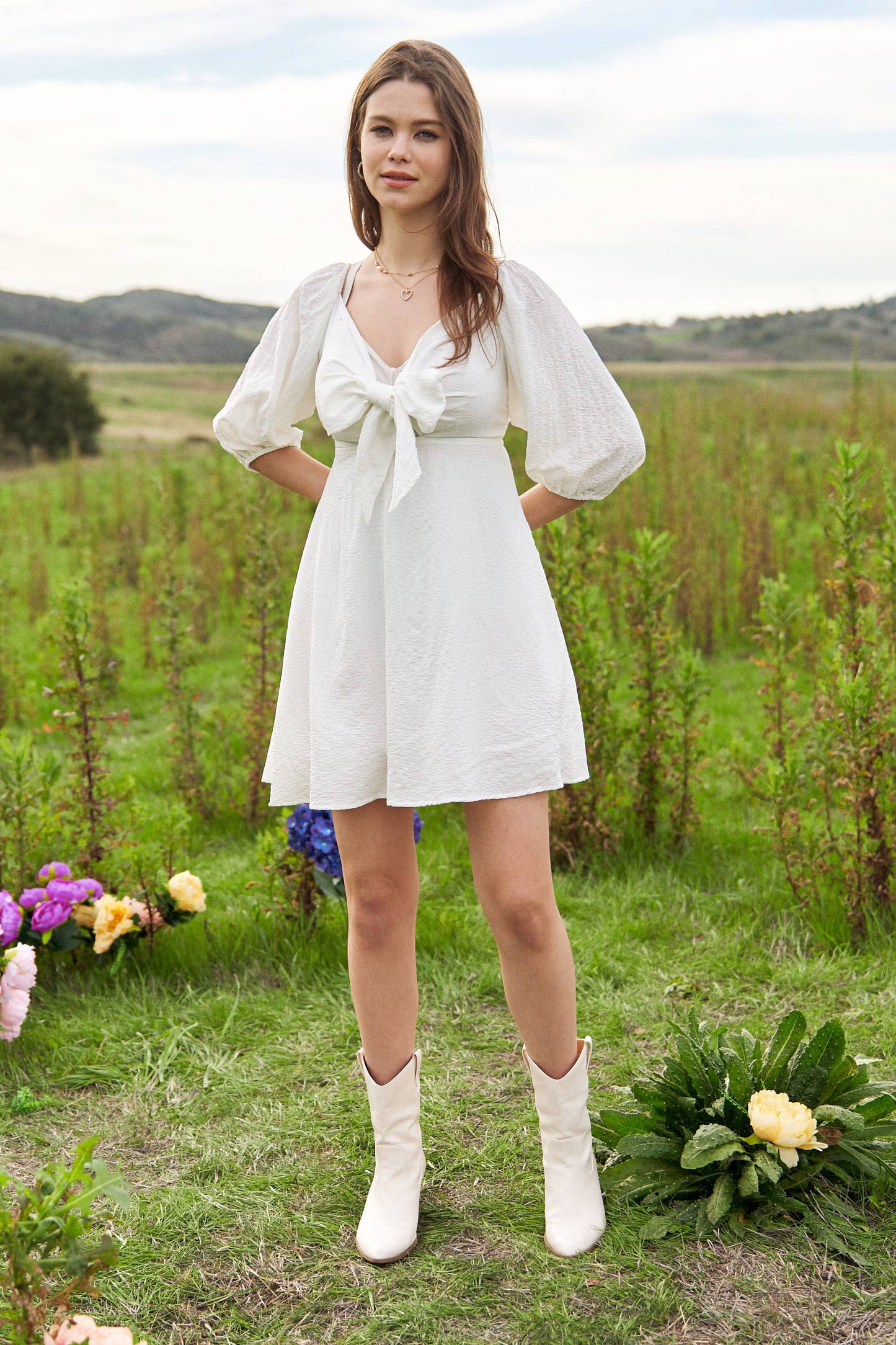SELF-TIE PUFF SLEEVE SMOCKING OPEN BACK MINI DRESS