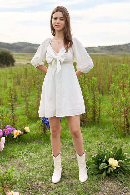 SELF-TIE PUFF SLEEVE SMOCKING OPEN BACK MINI DRESS