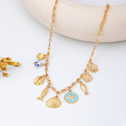 Charm Necklace-Coastal seashells fish cloisonne | 80N92963