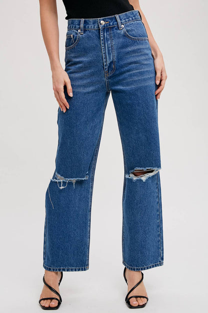 HIGH RISE DISTRESSED DENIM JEANS