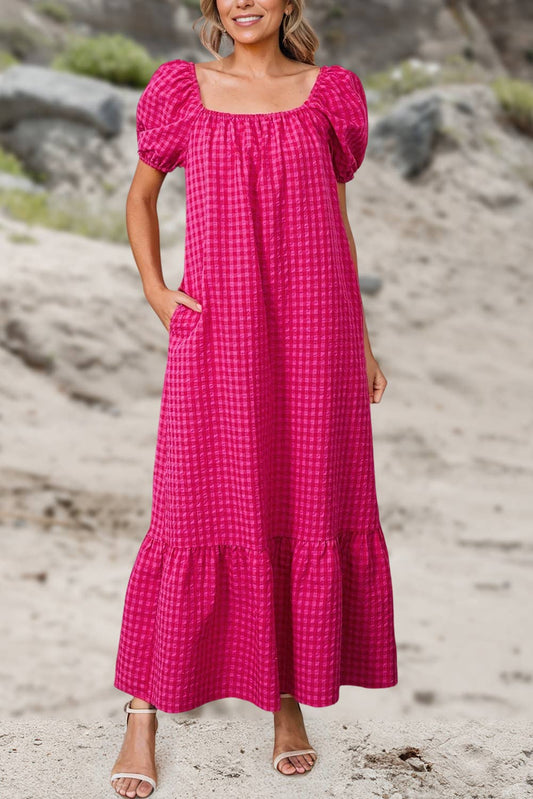 Ginham Check Bubble Sleeve Ruffled Maxi Dress | S-2XL