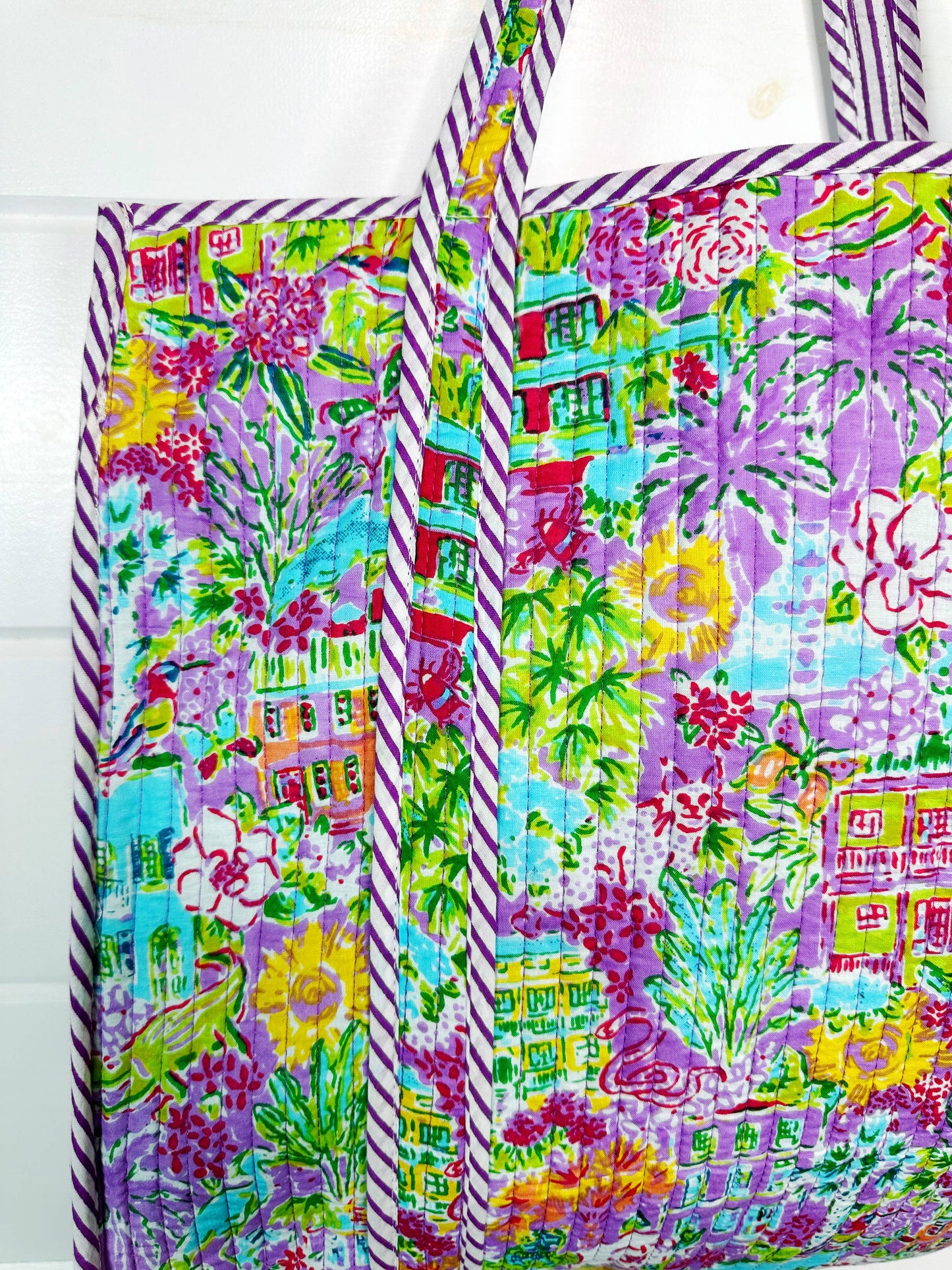 Quilted Tote Bag - Reversible Carryall - Southern Town Print