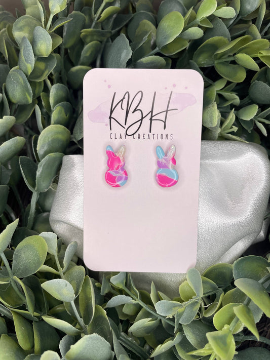 Opal Multi Marble Mini Bunny Stud Handmade Clay Earrings
