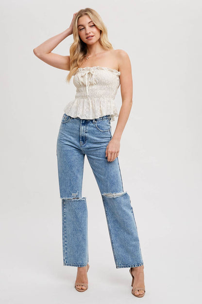 HIGH RISE DISTRESSED DENIM JEANS